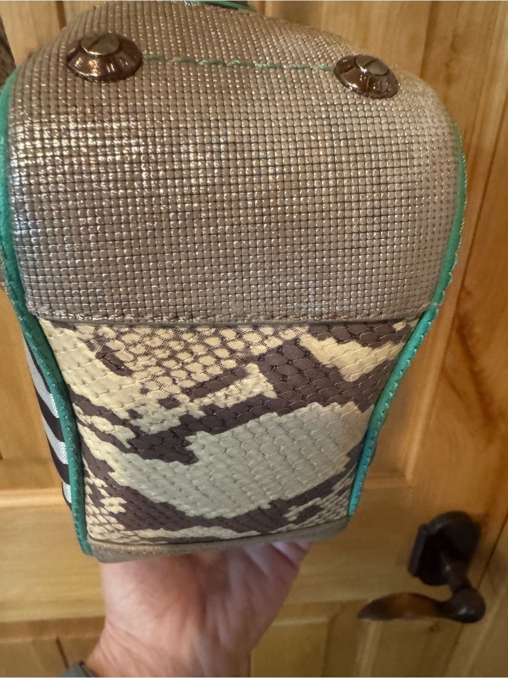 Henri Bendel Black & Silver stripes with Snake accents, turquoise trim Crossbody - Picture 6 of 11